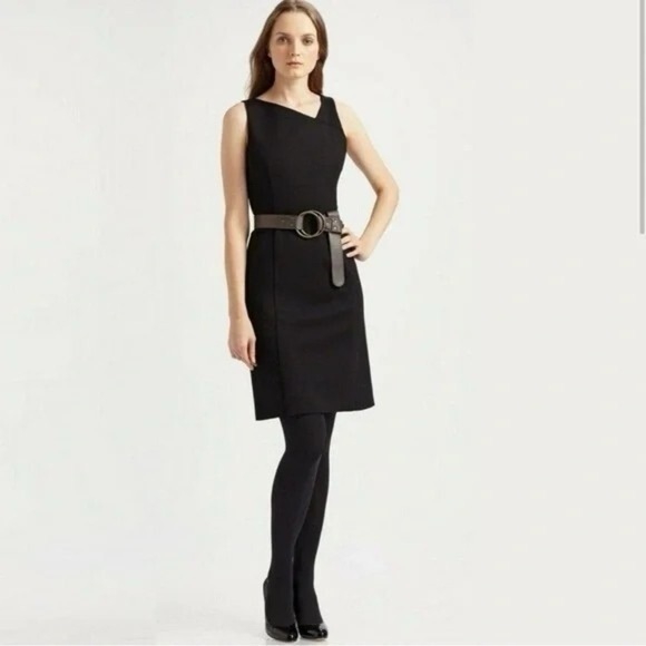 EILEEN FISHER Black Ponte Knit Asymmetric Neck Stretch Sheath Dress LBD Size 2